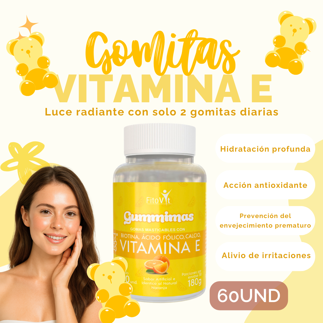 Vitamina E Gomitas x 60 unidades -  formuladas para fortalecer el cabello, piel, uñas