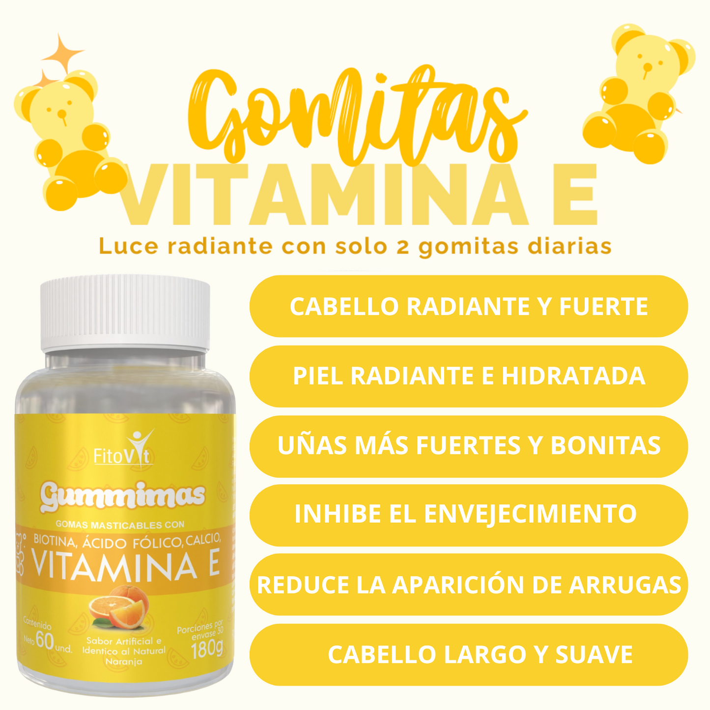 Vitamina E Gomitas x 60 unidades -  formuladas para fortalecer el cabello, piel, uñas