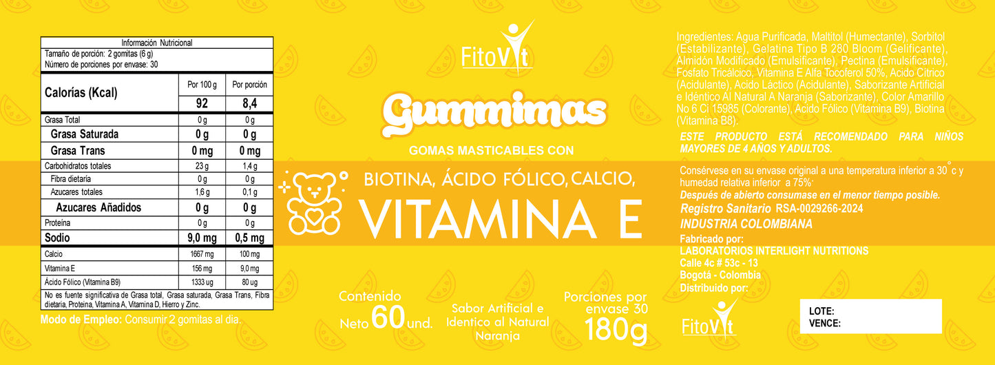 Vitamina E Gomitas x 60 unidades -  formuladas para fortalecer el cabello, piel, uñas