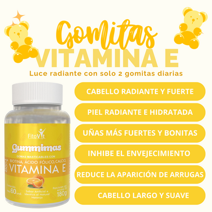 Vitamina E Gomitas x 60 unidades -  formuladas para fortalecer el cabello, piel, uñas